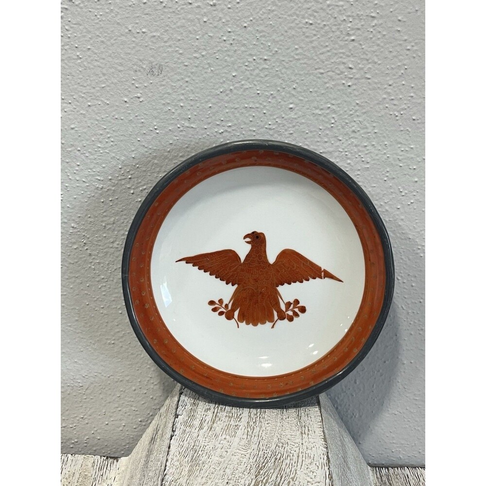 Vintage YT Japanese Porcelain Decorative Dish Orange Gold Eagle Pewter Backed